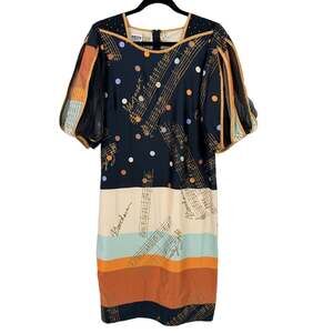 Vintage 80s Jeanne Marc Beethoven Music Print Puff Sleeve Dress Size Small